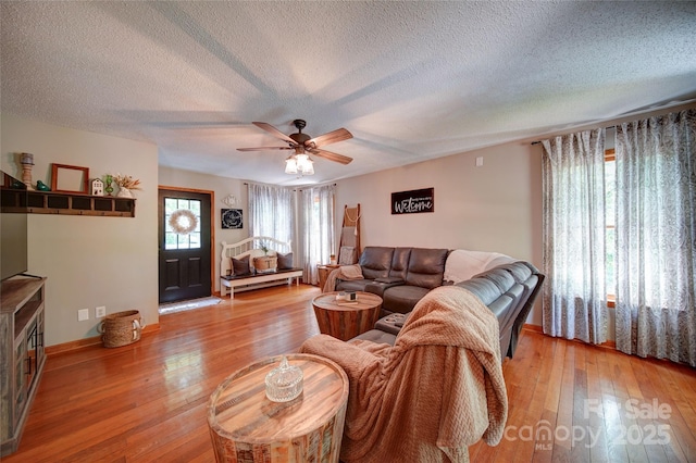 122 Roxboro Ct Unit 286, Mount Gilead, NC 27306 - living room with a textured ceiling, ceiling fan, and light wood-style floors