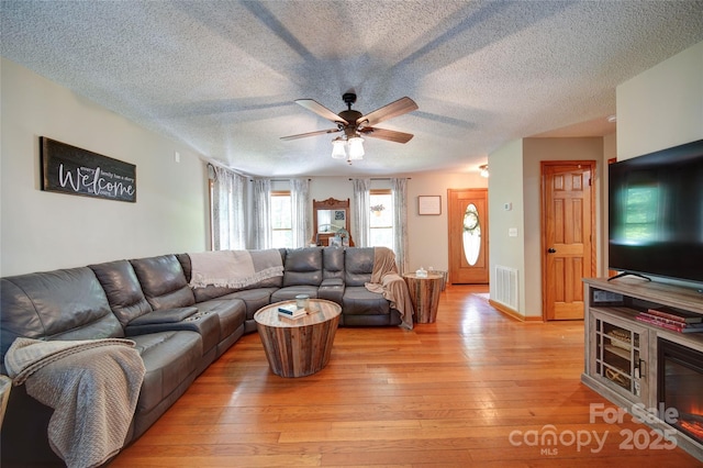 122 Roxboro Ct Unit 286, Mount Gilead, NC 27306 - living area with a ceiling fan, light wood-type flooring, a textured ceiling, and visible vents