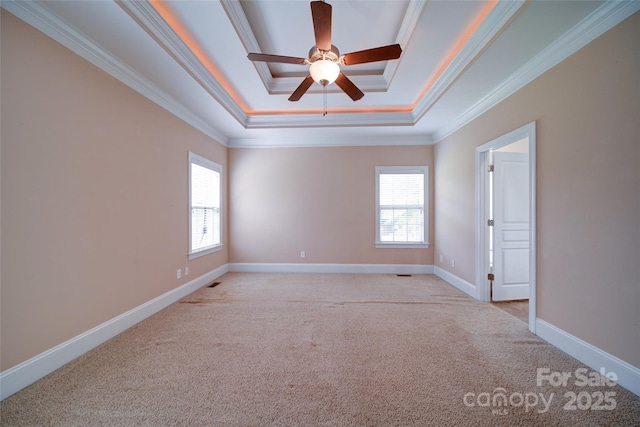 spare room featuring a raised ceiling, crown molding, a ceiling fan, and light carpet