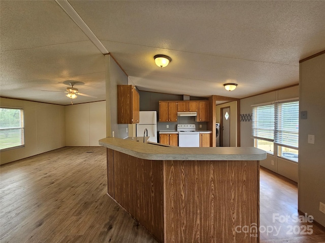 kitchen with brown cabinets, white appliances, a textured ceiling, light wood-style flooring, and under cabinet range hood