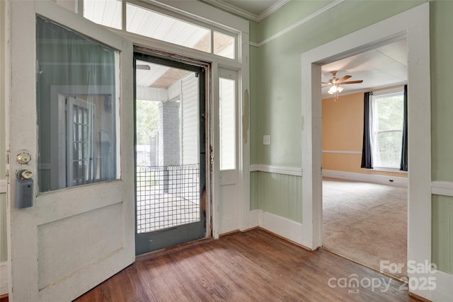 302 Charlotte St, York, SC 29745 - foyer entrance featuring a ceiling fan, wood finished floors, and crown molding