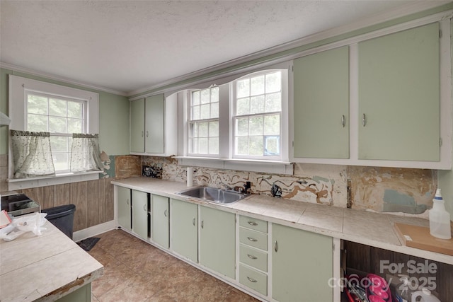 302 Charlotte St, York, SC 29745 - kitchen with plenty of natural light, green cabinetry, and tasteful backsplash