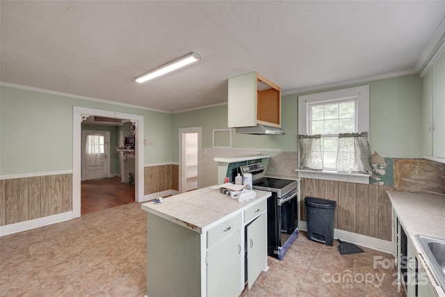 302 Charlotte St, York, SC 29745 - kitchen with wainscoting, stainless steel electric stove, under cabinet range hood, and a wealth of natural light