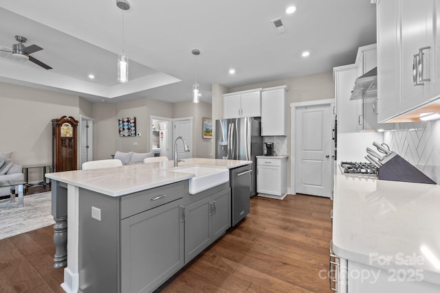 1548 Striped Bass Ln, Clover, SC 29710 - kitchen with gray cabinets, white cabinetry, ventilation hood, a sink, and appliances with stainless steel finishes