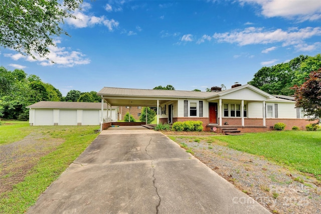 543 18th St NW, Hickory, NC 28601 - ranch-style house featuring brick siding, a front lawn, a porch, a chimney, and a carport