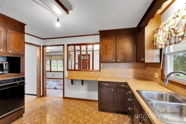 543 18th St NW, Hickory, NC 28601 - kitchen featuring a sink, oven, light countertops, crown molding, and healthy amount of natural light