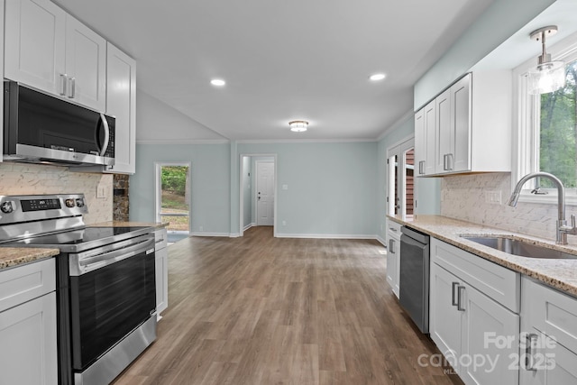 kitchen featuring backsplash, appliances with stainless steel finishes, wood finished floors, and a sink