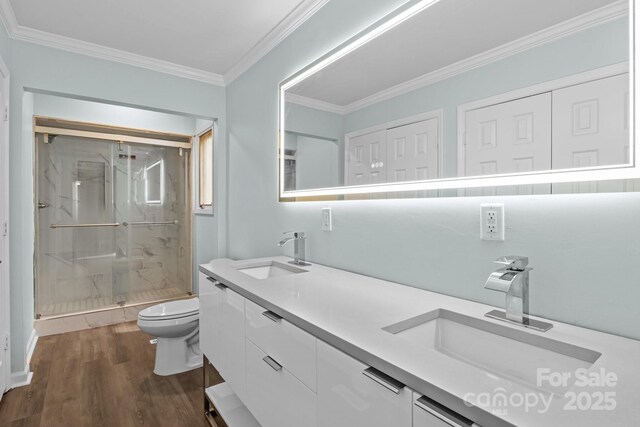 bathroom with wood finished floors, a sink, a shower stall, and toilet
