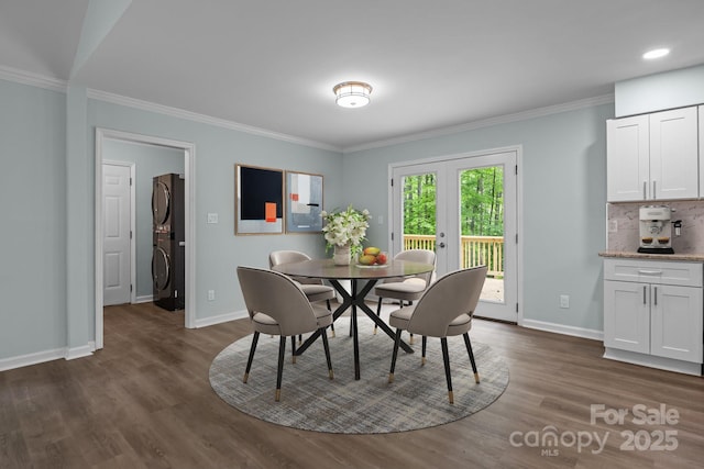 2701 Wimbledon Dr, Gastonia, NC 28056 - dining space with crown molding, dark wood finished floors, french doors, and recessed lighting