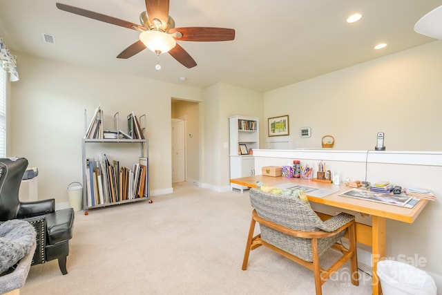office with a ceiling fan, light colored carpet, recessed lighting, and baseboards