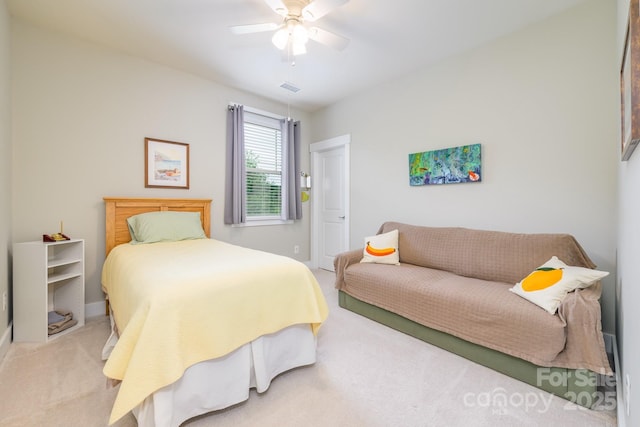 bedroom with carpet flooring, ceiling fan, and baseboards