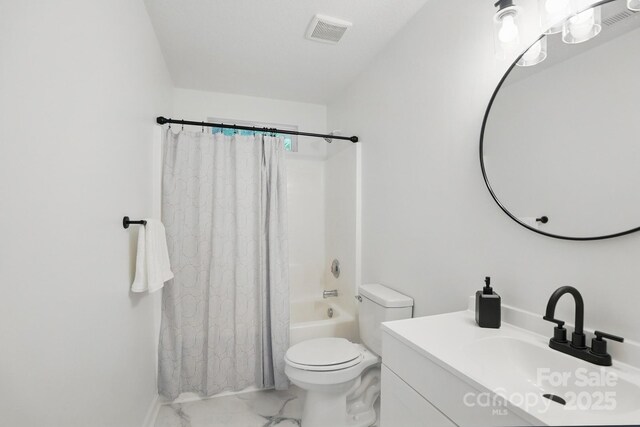bathroom with shower / bath combo, vanity, toilet, marble finish floor, and visible vents