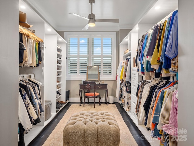 walk in closet featuring wood finished floors and ceiling fan