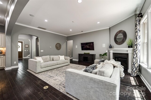618 Chase Ct, Fort Mill, SC 29708 - living room with arched walkways, a glass covered fireplace, recessed lighting, dark wood-style flooring, and baseboards