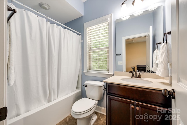 618 Chase Ct, Fort Mill, SC 29708 - bathroom featuring vanity, shower / tub combo with curtain, toilet, tile patterned flooring, and baseboards