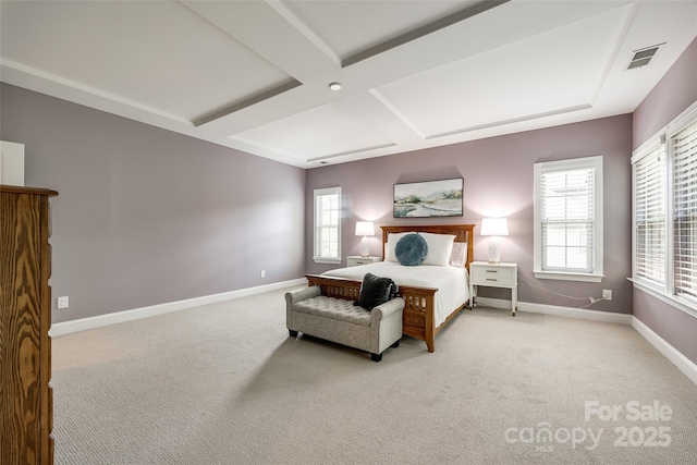 618 Chase Ct, Fort Mill, SC 29708 - bedroom with light carpet, coffered ceiling, multiple windows, baseboards, and beamed ceiling