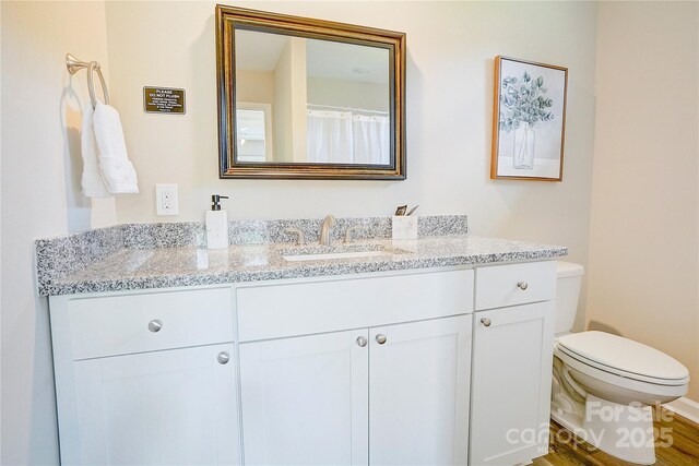 full bath featuring vanity, toilet, and wood finished floors