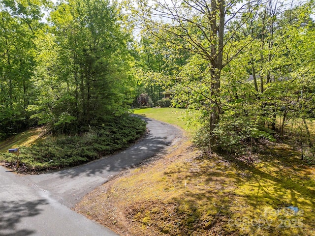 view of street featuring a wooded view