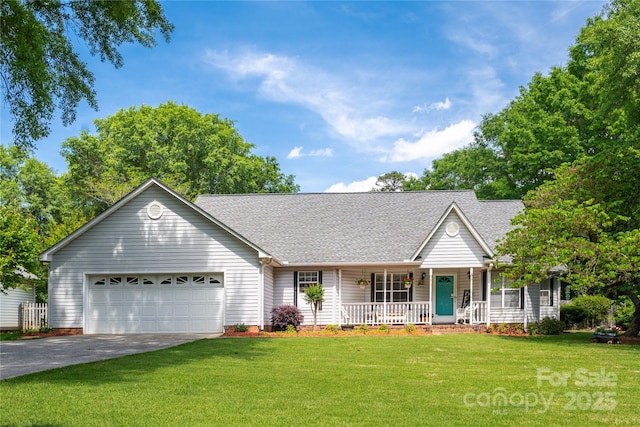 view of front of property featuring an attached garage, aphalt driveway, a front yard, roof with shingles, and a porch