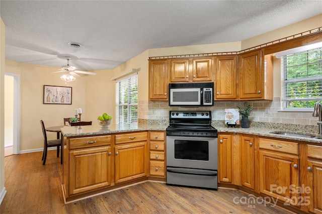 kitchen featuring a sink, backsplash, a peninsula, and stainless steel range with electric cooktop