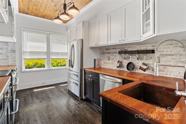 kitchen featuring stainless steel appliances, a sink, tasteful backsplash, butcher block countertops, and wooden ceiling