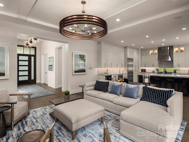 60 Running Creek Trl, Arden, NC 28704 - living room featuring a chandelier, dark wood-style floors, baseboards, and recessed lighting
