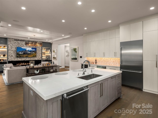 60 Running Creek Trl, Arden, NC 28704 - kitchen featuring stainless steel built in refrigerator, a sink, dishwasher, dark wood-type flooring, and recessed lighting