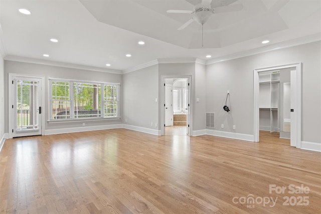 unfurnished living room featuring baseboards, visible vents, recessed lighting, and ceiling fan