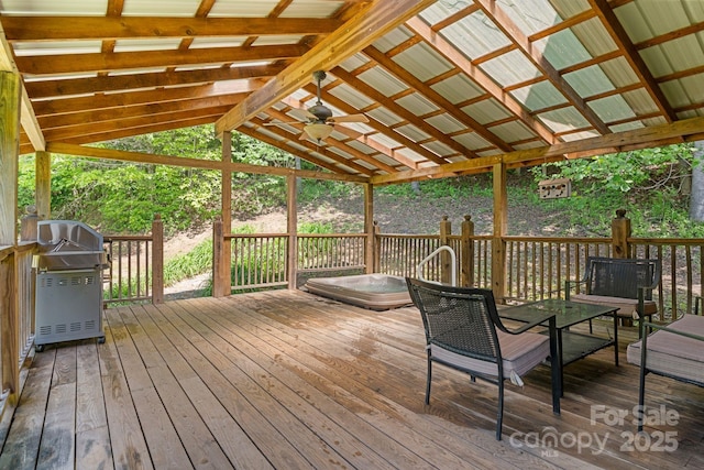 1154 Woodrow Pl, Lenoir, NC 28645 - wooden deck featuring a grill, outdoor dining area, and ceiling fan
