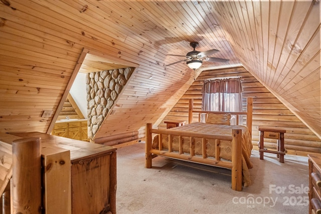 1154 Woodrow Pl, Lenoir, NC 28645 - unfurnished bedroom featuring rustic walls, wood ceiling, carpet flooring, and lofted ceiling