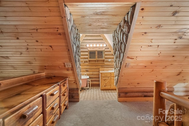 1154 Woodrow Pl, Lenoir, NC 28645 - bonus room featuring log walls, light carpet, and wood ceiling