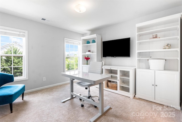 office with light colored carpet and baseboards