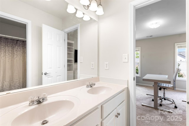 bathroom with healthy amount of natural light, double vanity, and baseboards