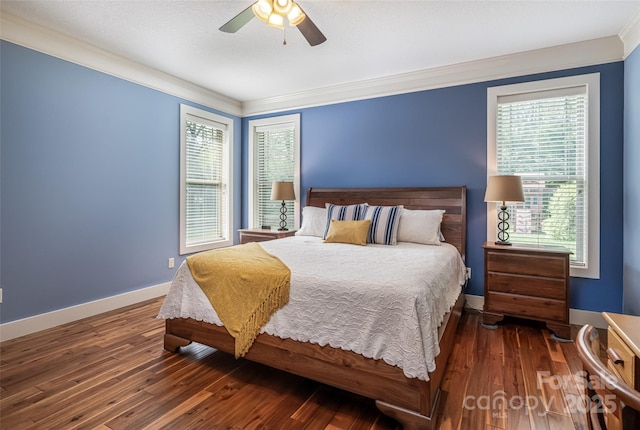 bedroom with crown molding, baseboards, multiple windows, and hardwood / wood-style floors