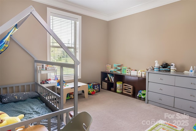 carpeted bedroom featuring ornamental molding