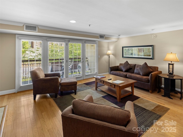 401 Bowling Park Rd, Asheville, NC 28803 - living area with visible vents, ornamental molding, and light wood-style floors
