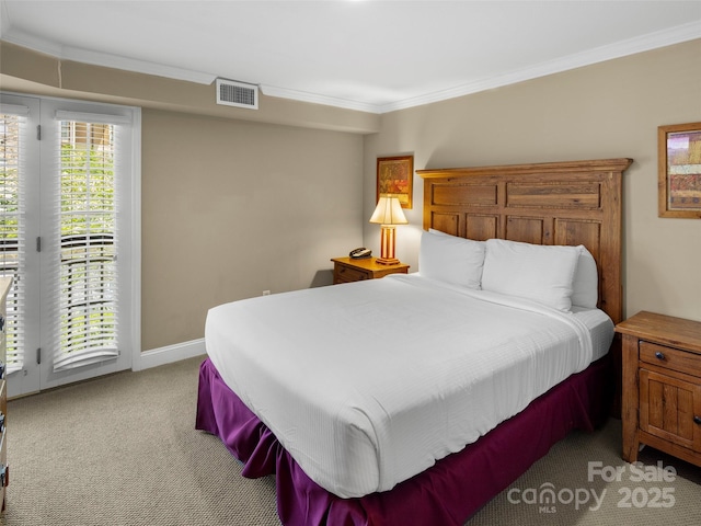 401 Bowling Park Rd, Asheville, NC 28803 - bedroom featuring access to outside, crown molding, visible vents, baseboards, and light colored carpet