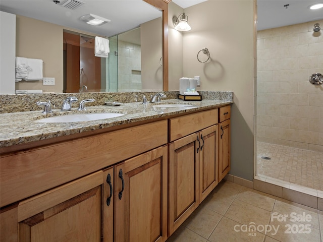 401 Bowling Park Rd, Asheville, NC 28803 - full bathroom with a tile shower, tile patterned flooring, a sink, and double vanity