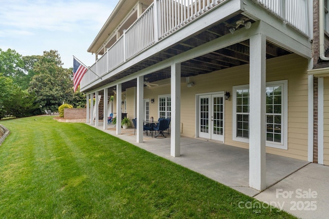 7471 Barfield Ln, Denver, NC 28037 - view of green lawn with french doors, a patio area, a balcony, and stairs