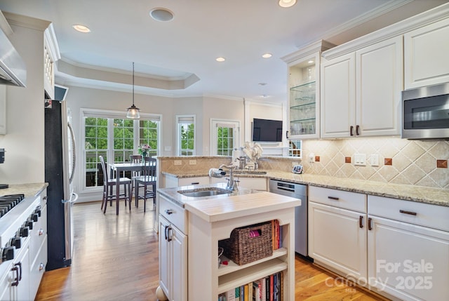 7471 Barfield Ln, Denver, NC 28037 - kitchen featuring stainless steel appliances, a sink, ornamental molding, white cabinetry, and tasteful backsplash