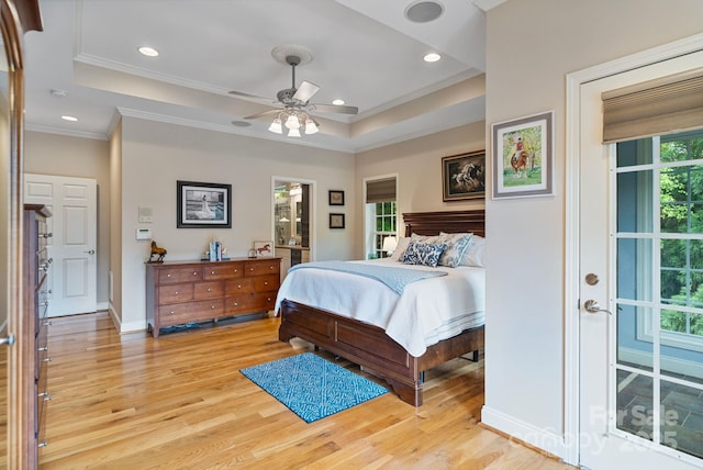 7471 Barfield Ln, Denver, NC 28037 - bedroom featuring light wood finished floors, a raised ceiling, crown molding, recessed lighting, and baseboards