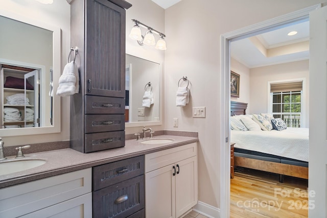 7471 Barfield Ln, Denver, NC 28037 - bathroom with double vanity, connected bathroom, crown molding, a tray ceiling, and baseboards