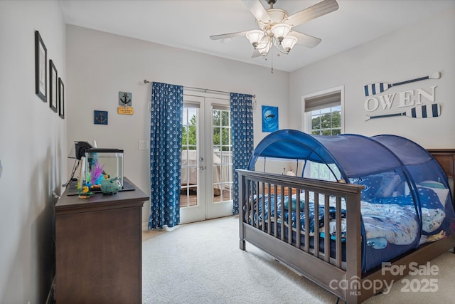 7471 Barfield Ln, Denver, NC 28037 - carpeted bedroom featuring french doors, access to exterior, and ceiling fan