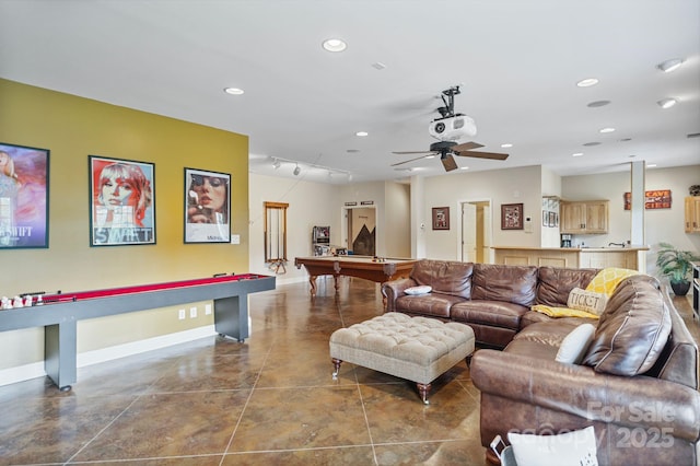 7471 Barfield Ln, Denver, NC 28037 - living room featuring baseboards, pool table, recessed lighting, and a ceiling fan