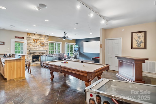 7471 Barfield Ln, Denver, NC 28037 - playroom with a stone fireplace, a ceiling fan, rail lighting, billiards table, and recessed lighting