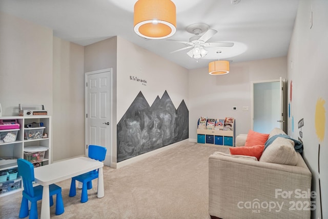 7471 Barfield Ln, Denver, NC 28037 - rec room featuring carpet, a ceiling fan, and baseboards