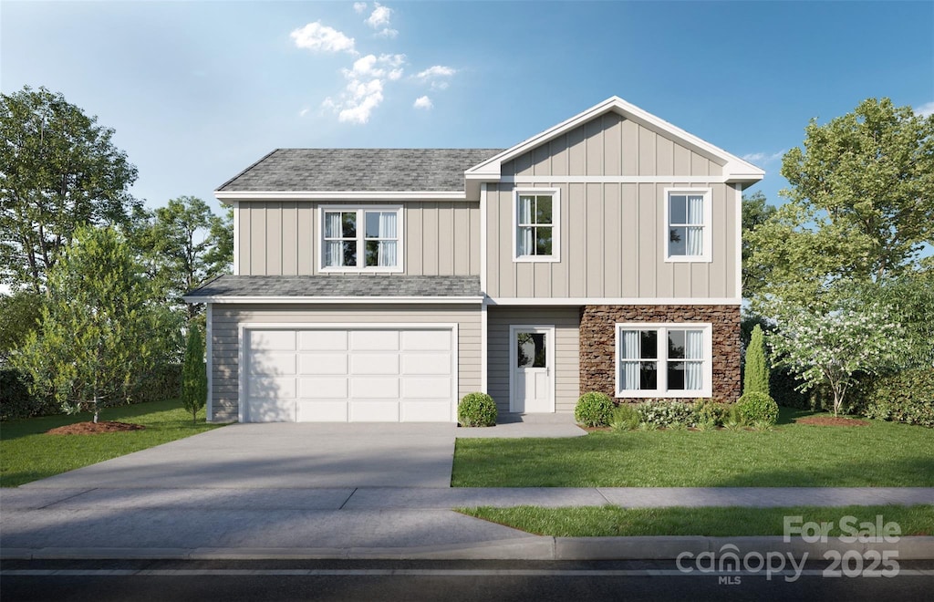 view of front of home with concrete driveway, board and batten siding, stone siding, an attached garage, and a front lawn