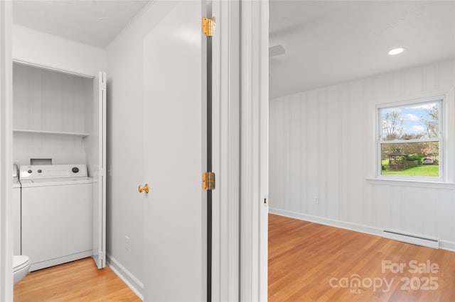 1294 Beaverdam Rd, Canton, NC 28716 - clothes washing area featuring laundry area, light wood finished floors, washer / clothes dryer, baseboards, and a baseboard radiator