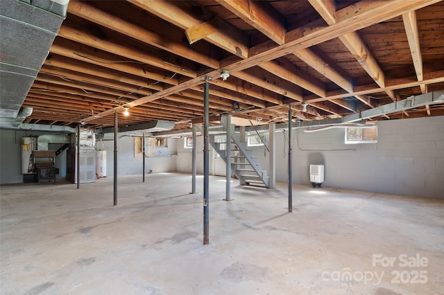 1294 Beaverdam Rd, Canton, NC 28716 - basement featuring stairs, heating unit, and water heater