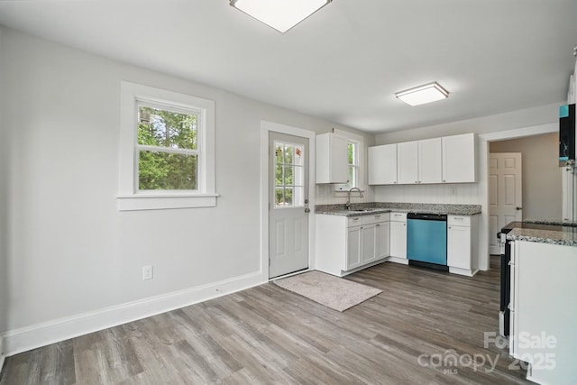 410 E 17th St, Kannapolis, NC 28083 - kitchen featuring light stone counters, a sink, white cabinets, dark wood-type flooring, and dishwashing machine
